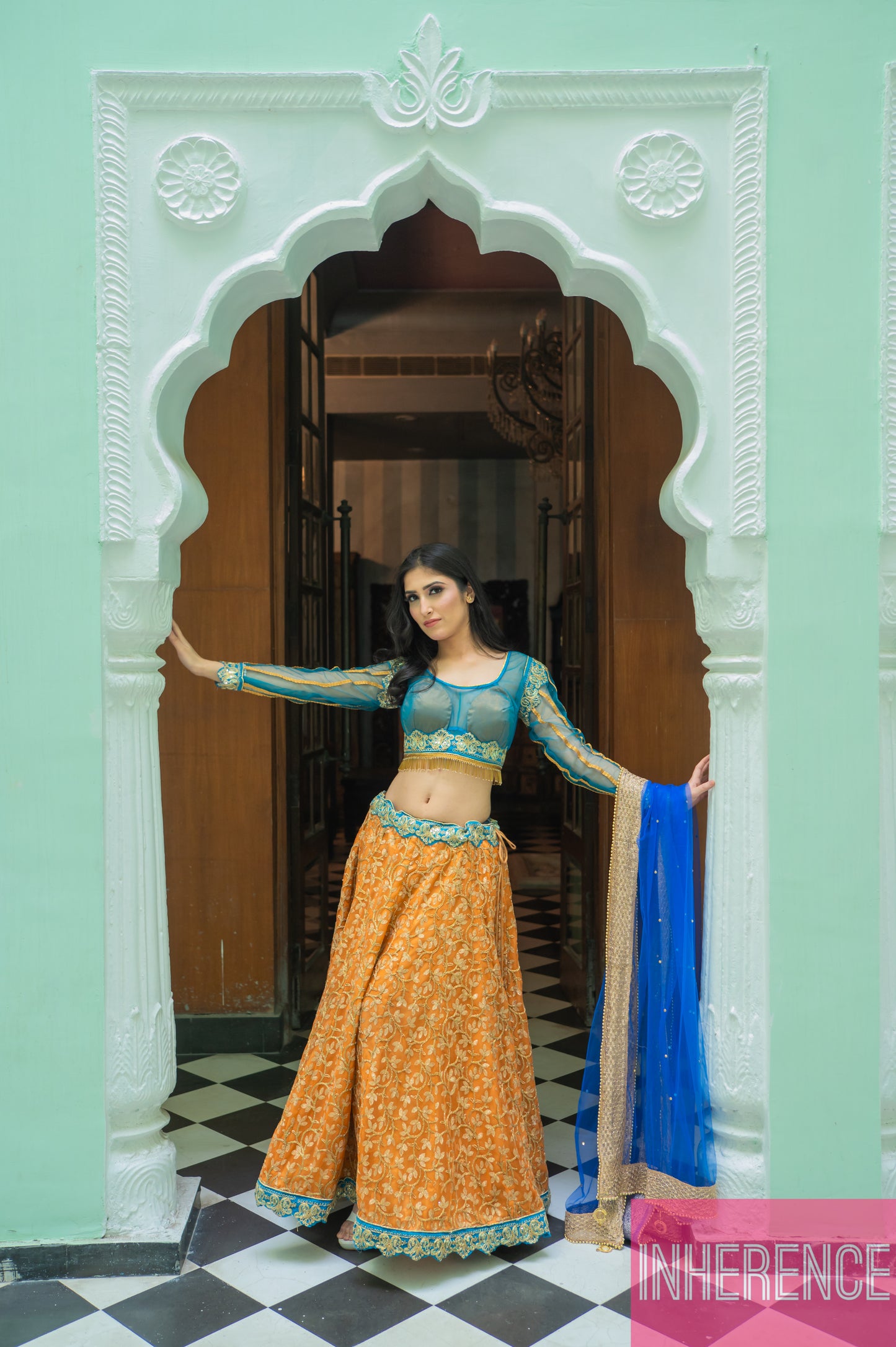 Sea Green Orange Lehenga