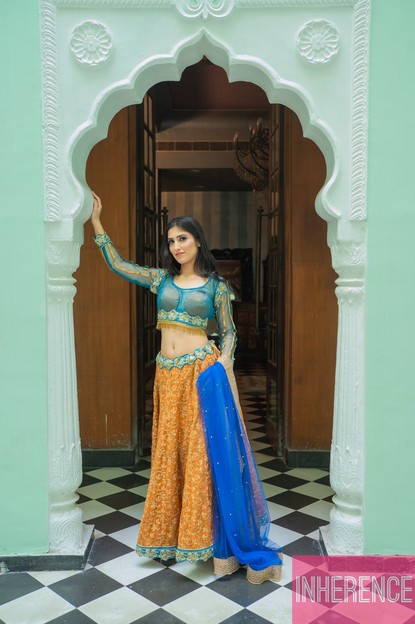 Sea Green Orange Lehenga