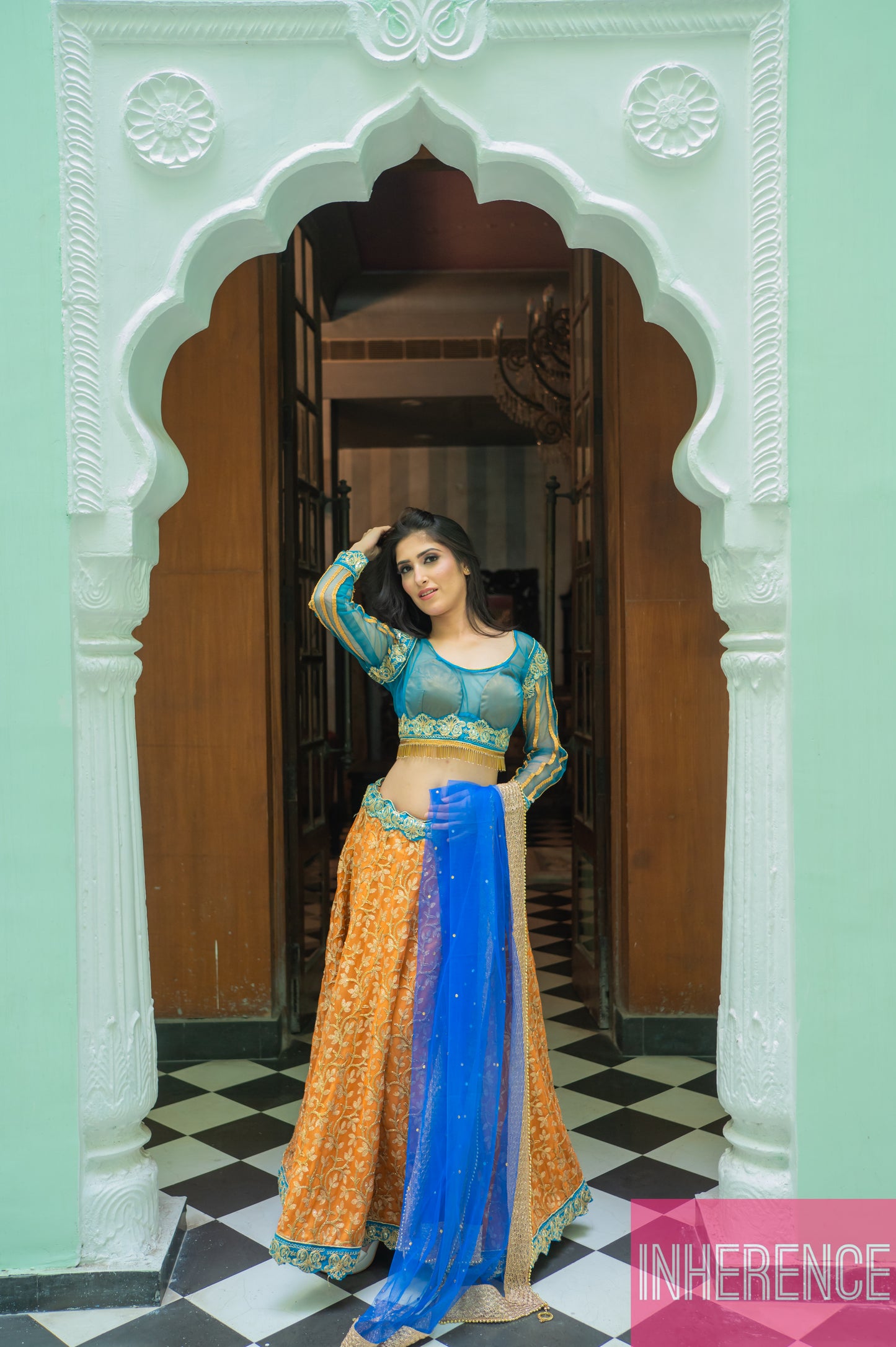 Sea Green Orange Lehenga