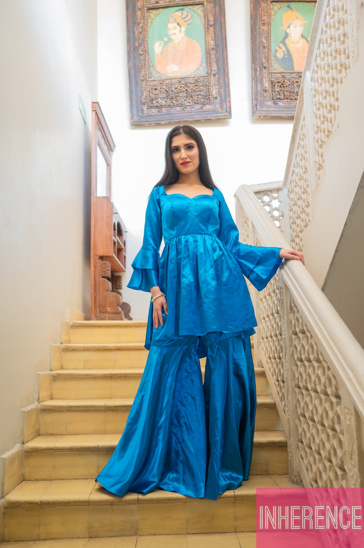 Blue Satin Flared Suit