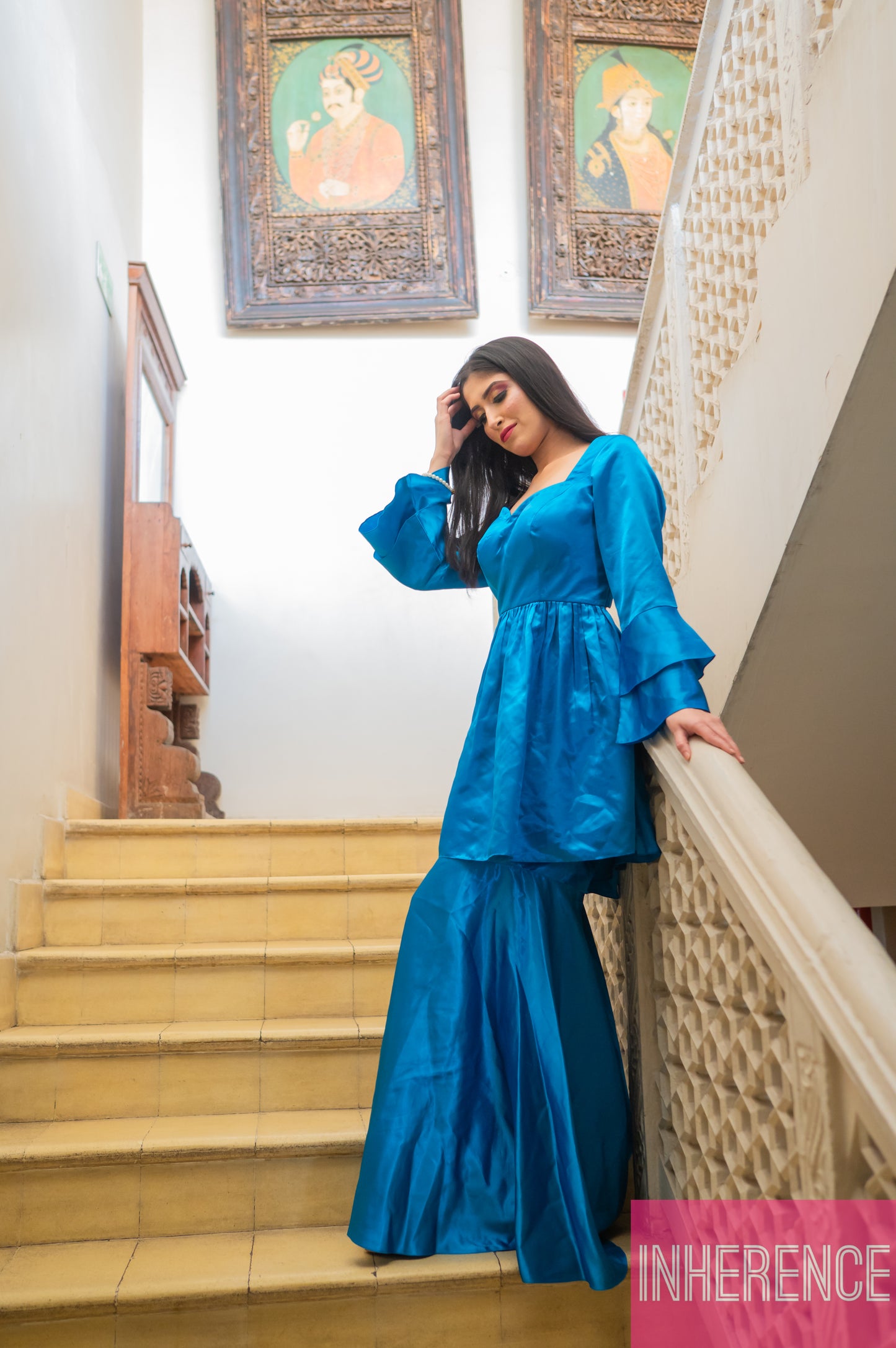Blue Satin Flared Suit