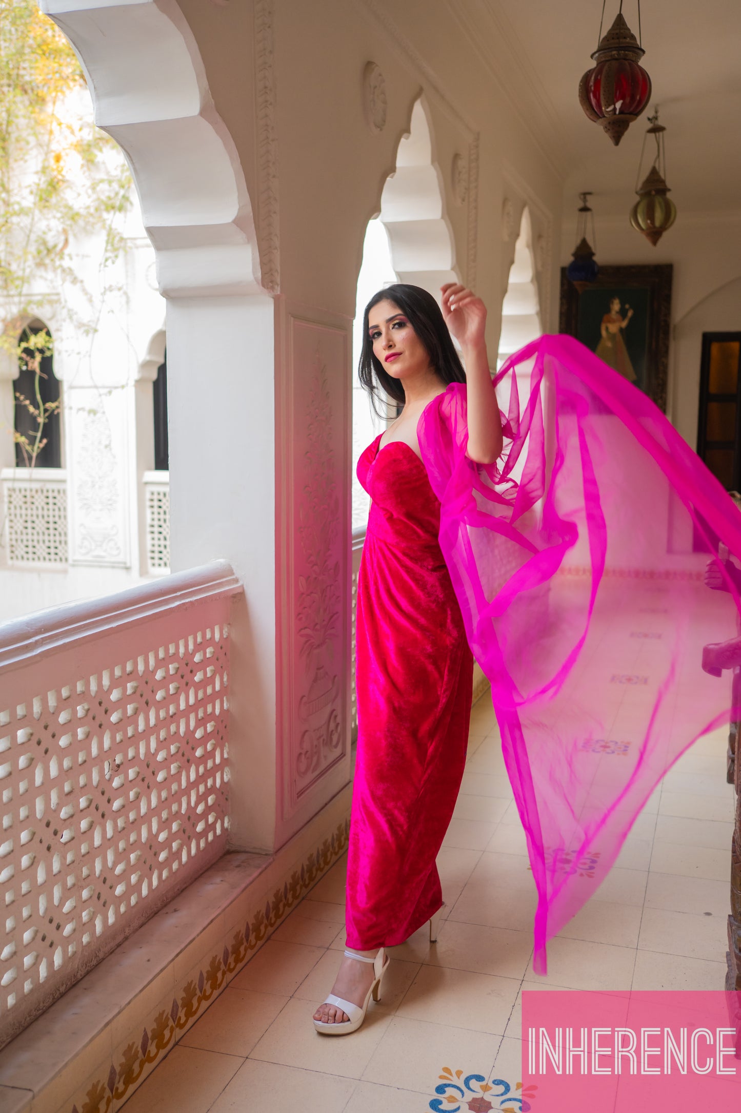 Pink Velvet Dress with removable sleeves
