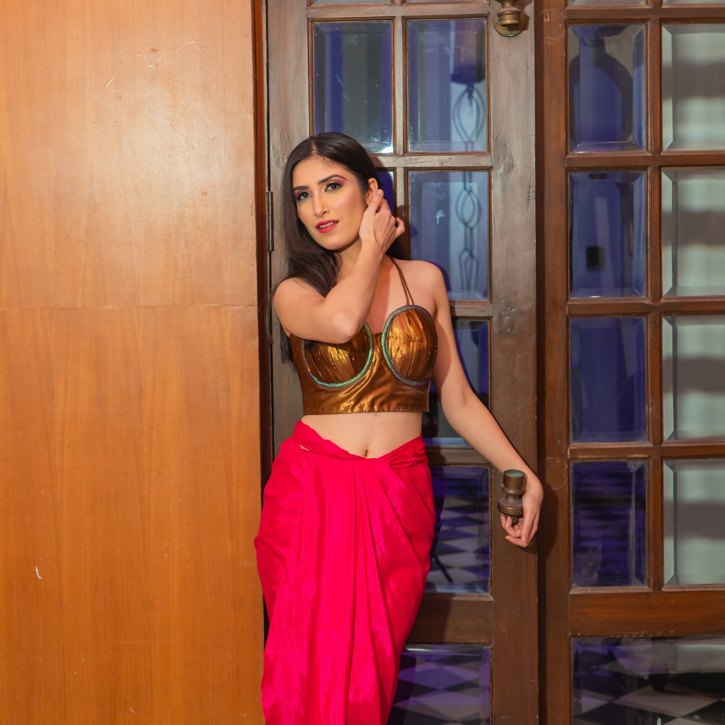 Golden draped top with piping