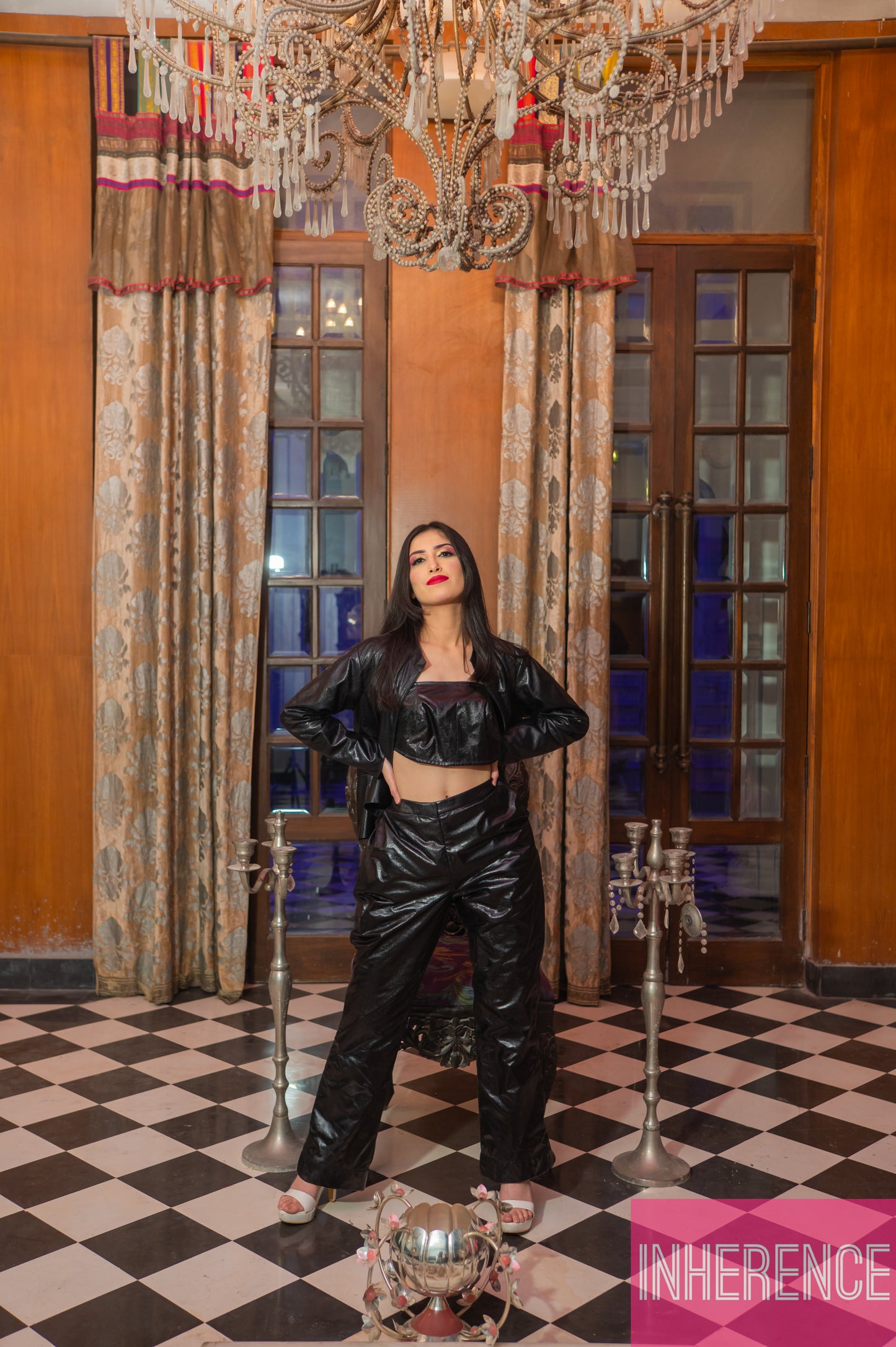 Black leather Pant with Peplum Jacket