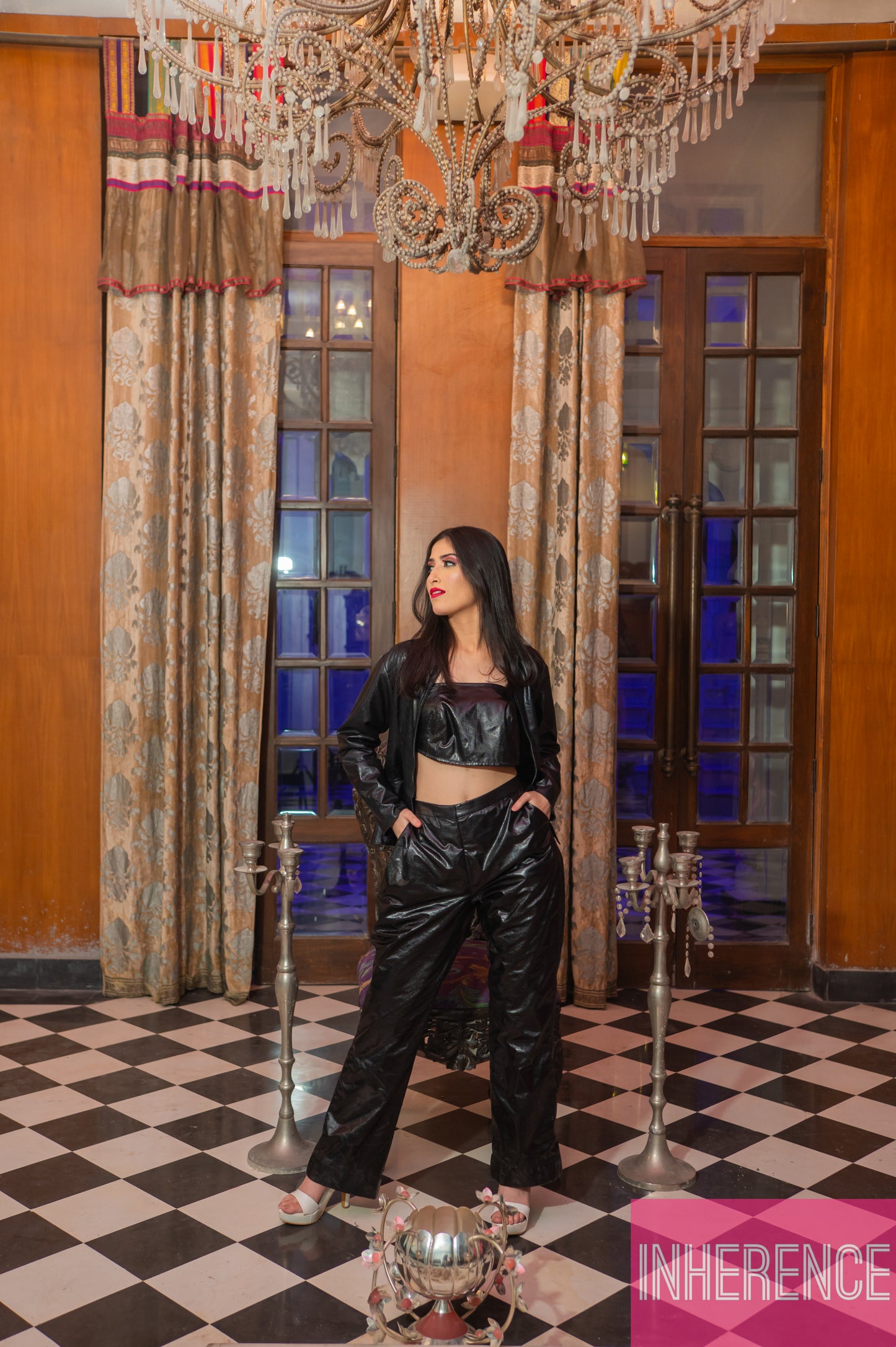 Black leather Pant with Peplum Jacket