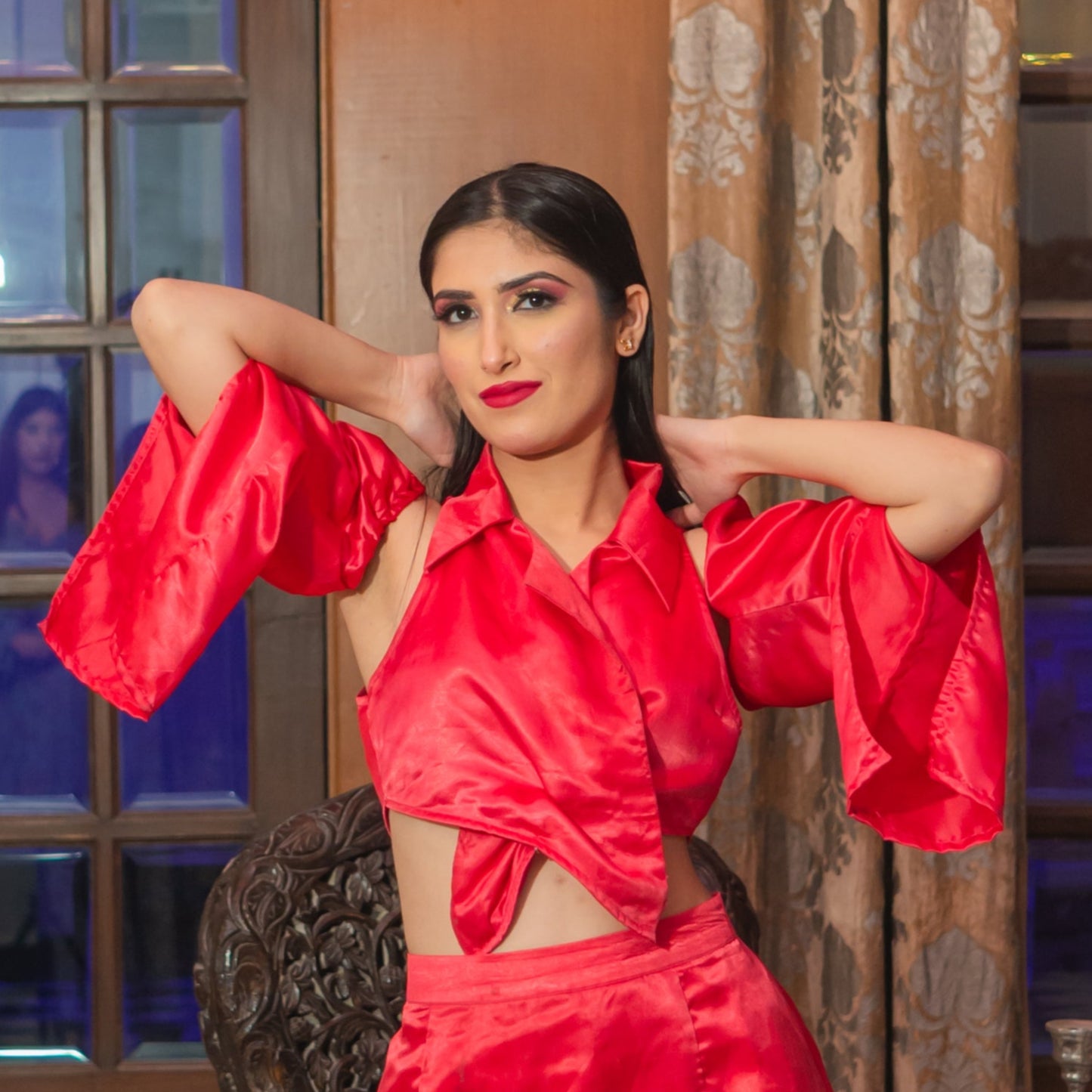 Pink Satin A-Line Sleeve with slit