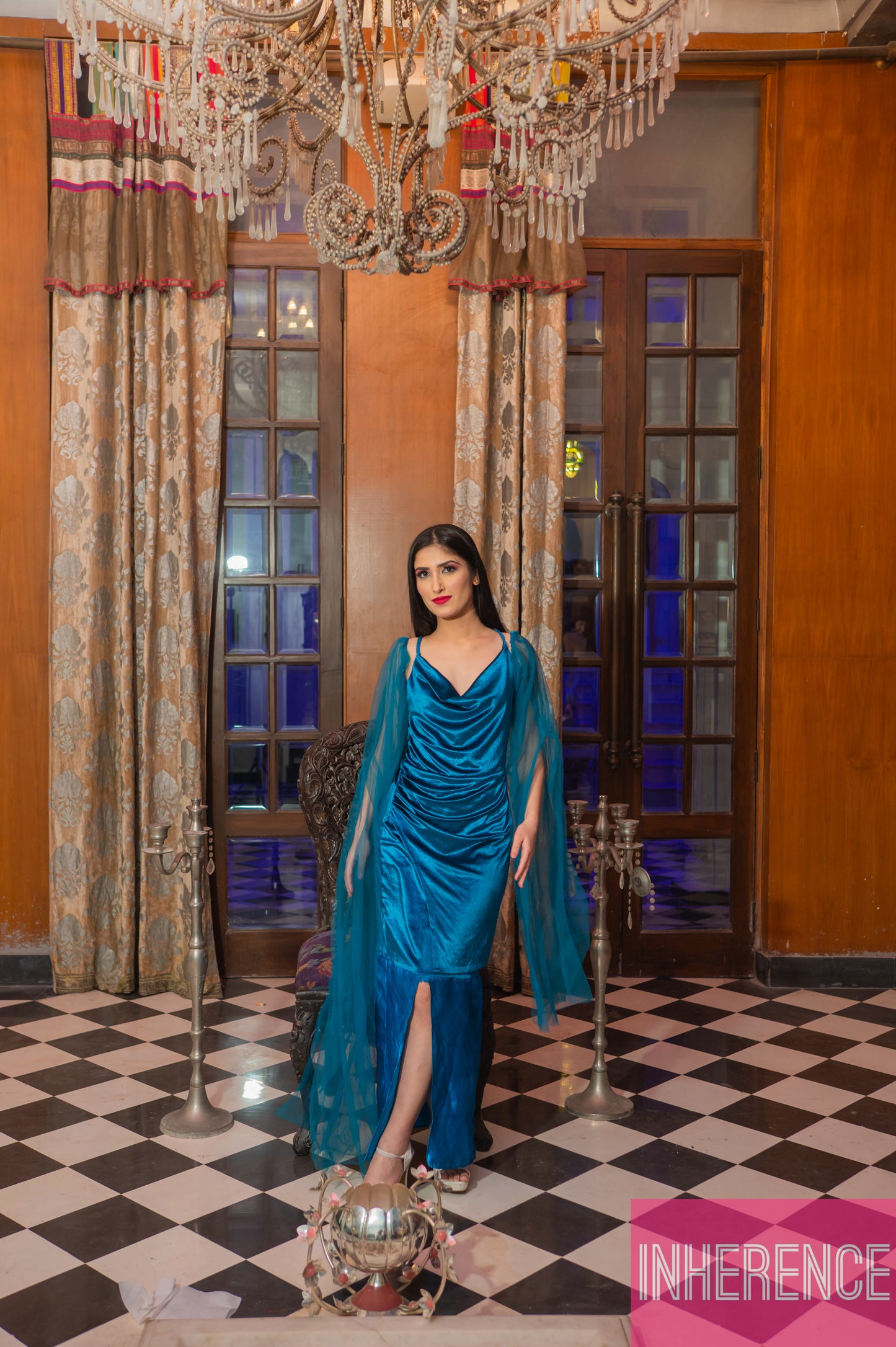 Blue Satin Dress with attachable slevees