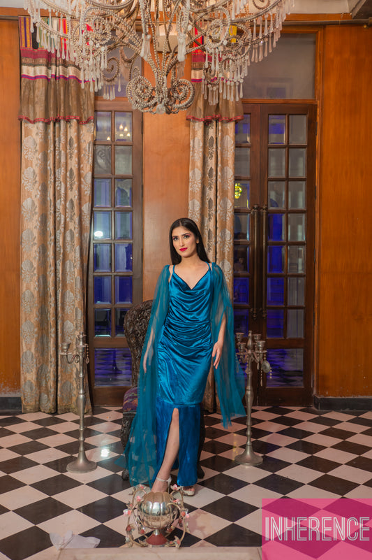Blue Satin Dress with attachable slevees