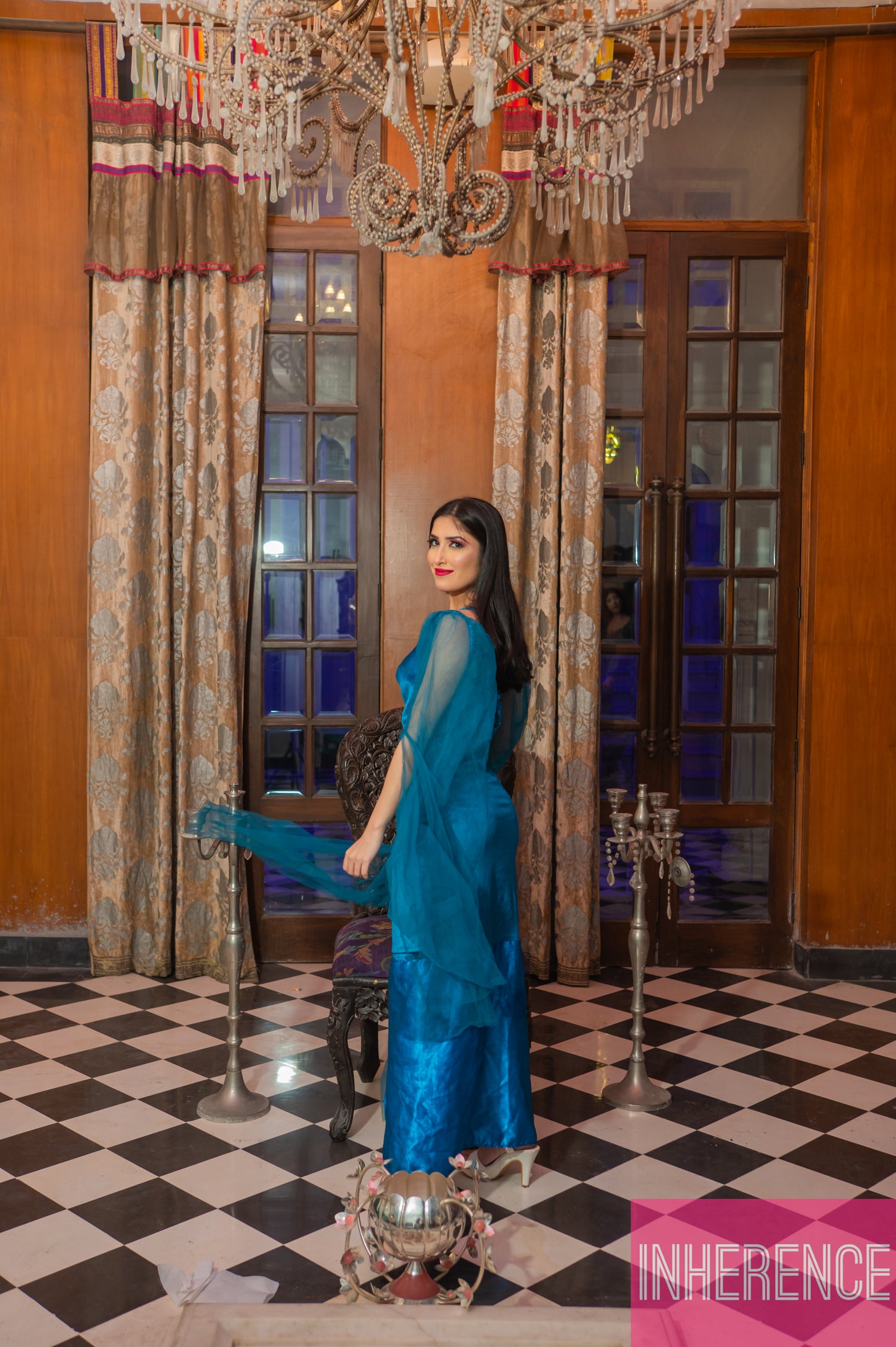 Blue Satin Dress with attachable slevees