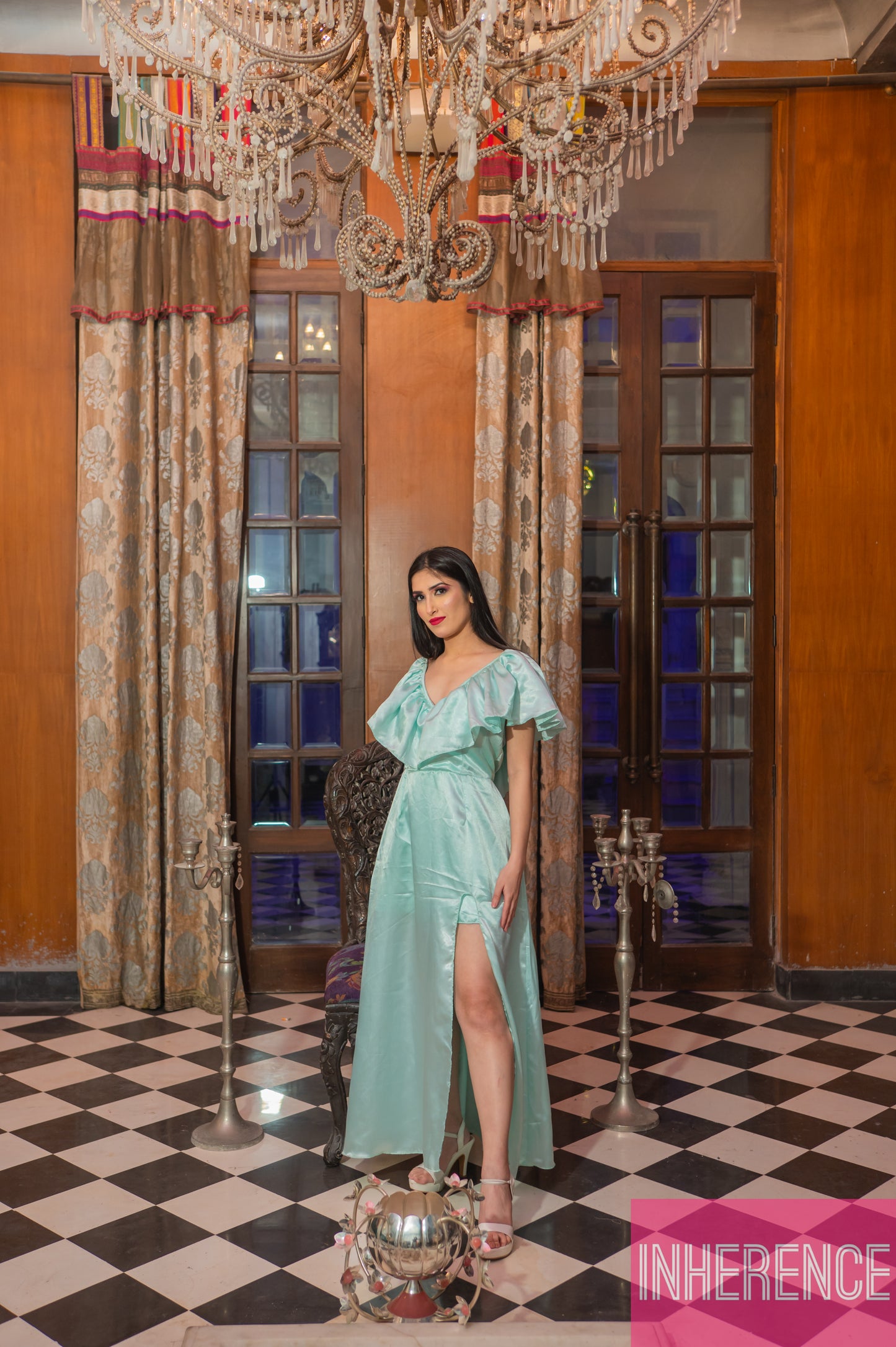 Sea Green Gown with Ruffled Neck