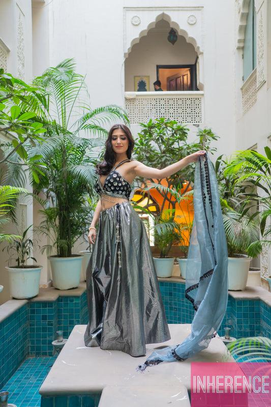 Black diwali Lehenga Shimmer (cut blouse)