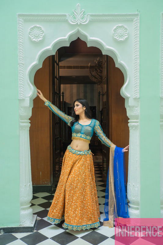 Sea Green Orange Lehenga