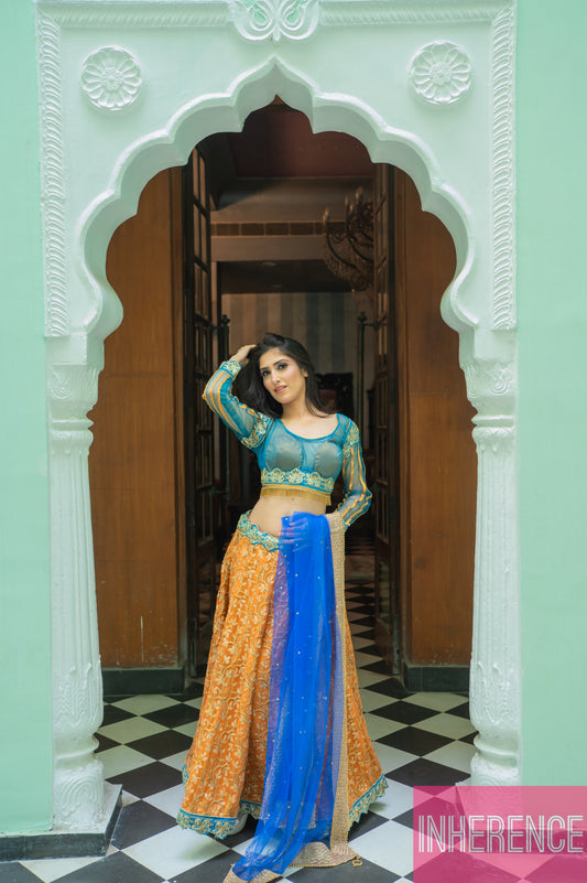 Sea Green Orange Lehenga