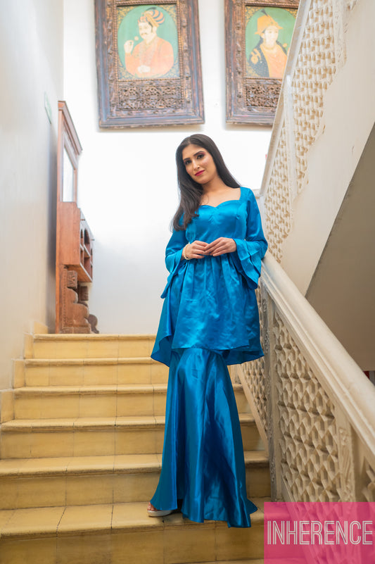 Blue Satin Flared Suit