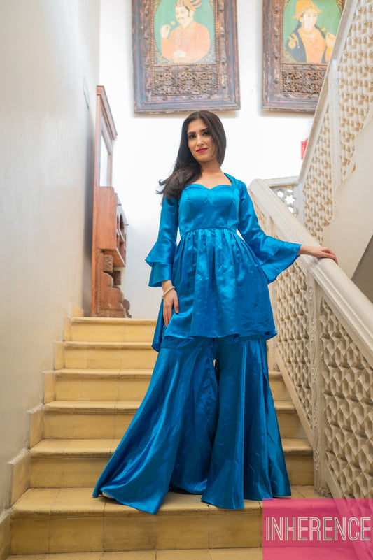 Blue Satin Flared Suit
