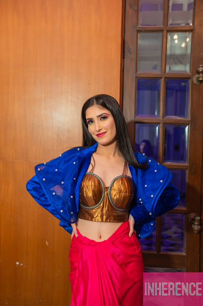 Blue Velvet ruffled Jacket with pearls