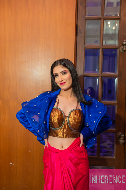 Blue Velvet ruffled Jacket with pearls