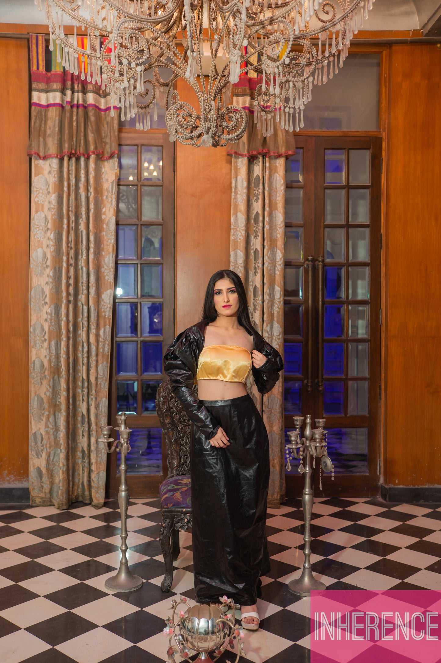 Black Leather Skirt with Puff Sleeve Shrug