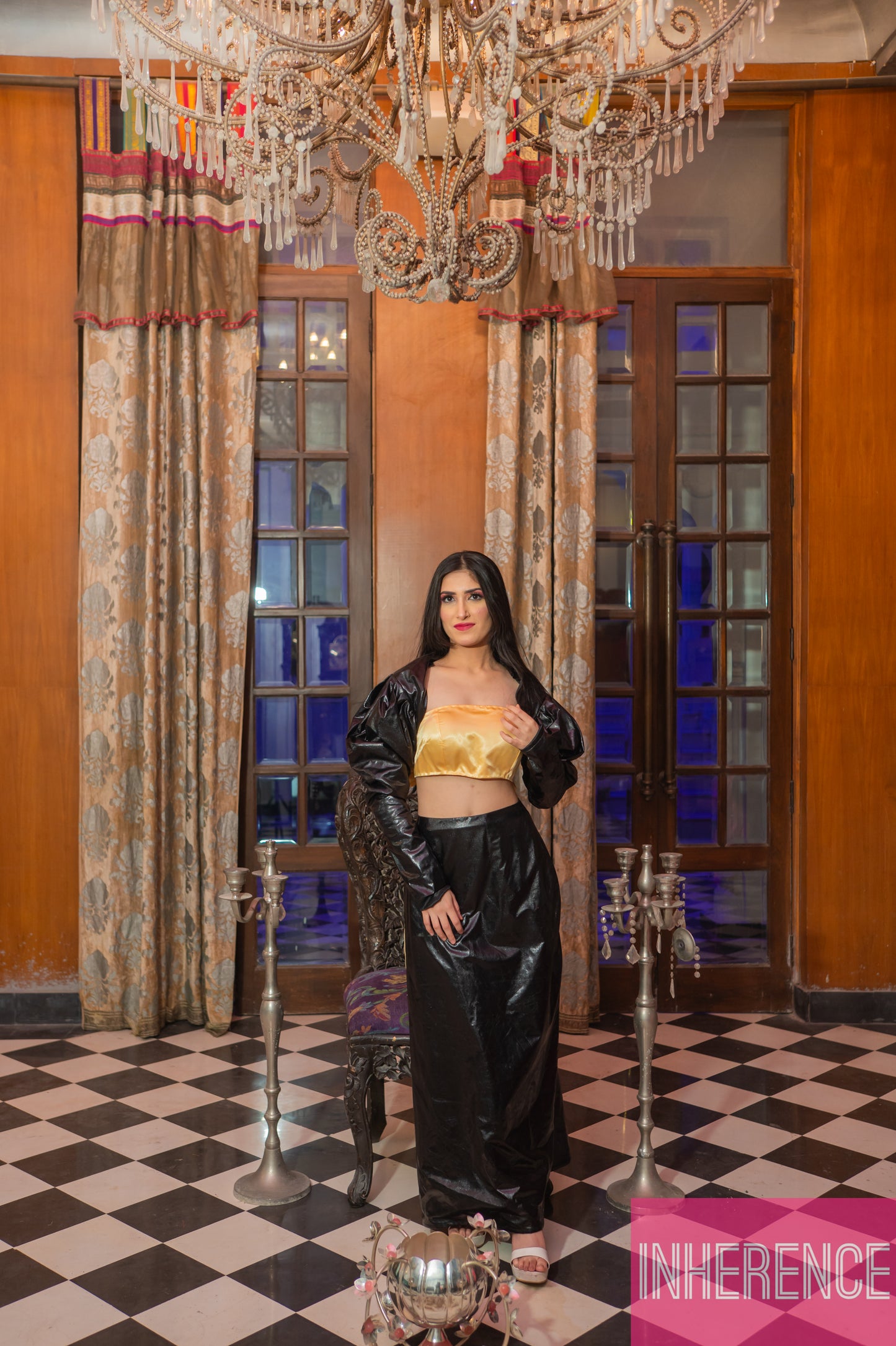 Black Leather Skirt with Puff Sleeve Shrug