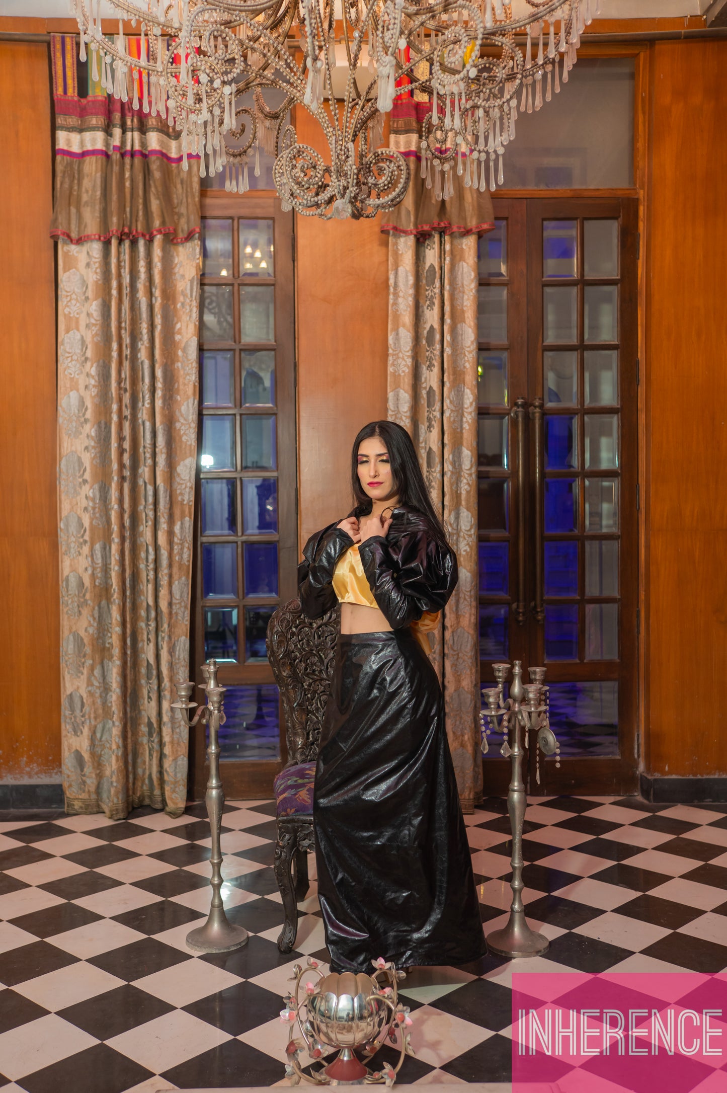 Black Leather Skirt with Puff Sleeve Shrug