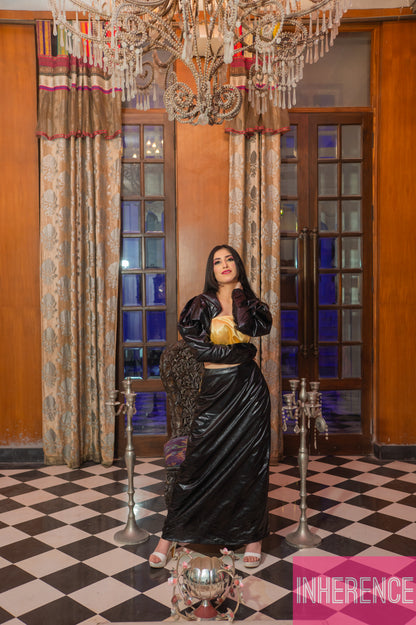 Black Leather Skirt with Puff Sleeve Shrug