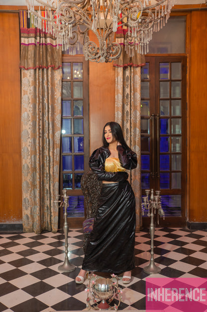 Black Leather Skirt with Puff Sleeve Shrug