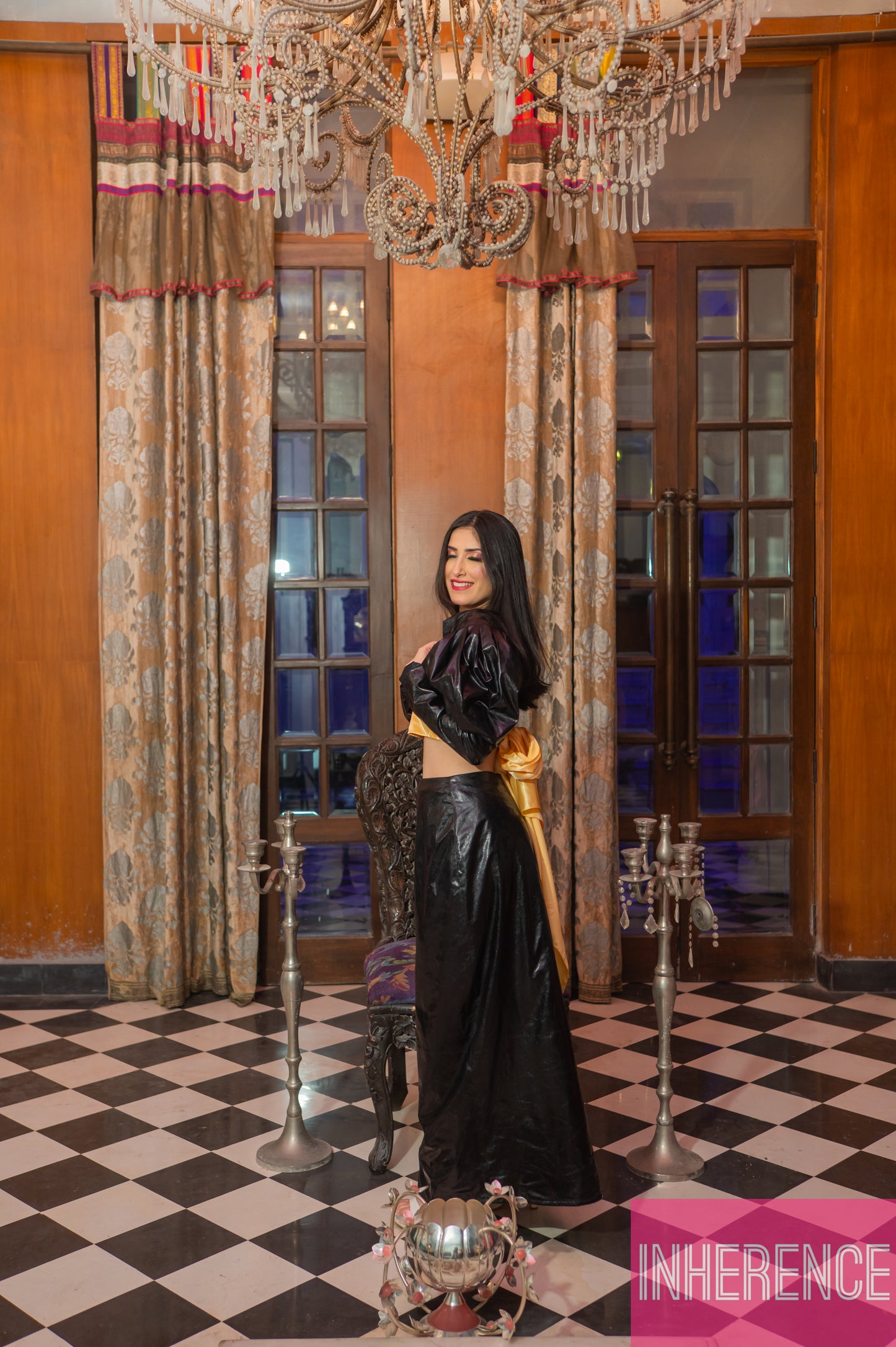 Black Leather Skirt with Puff Sleeve Shrug