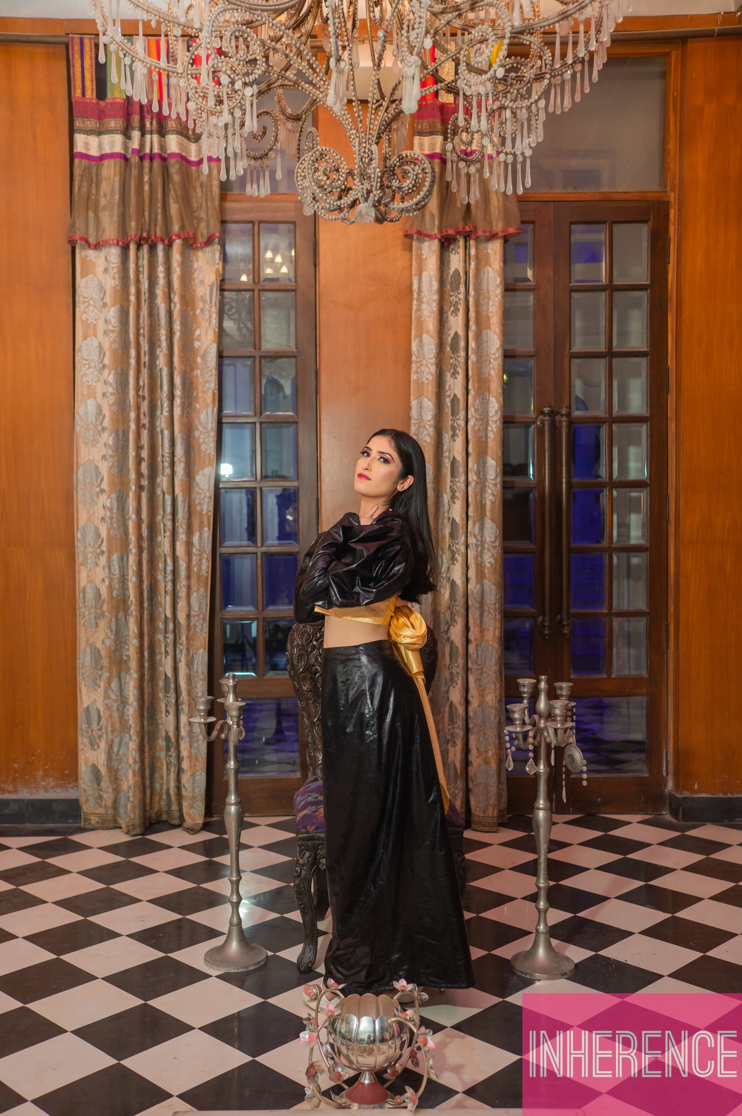 Black Leather Skirt with Puff Sleeve Shrug