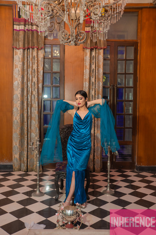 Blue Satin Dress with attachable slevees